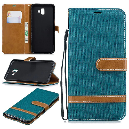 Etui en PU tissu jean bicolore vert pour votre Samsung Galaxy J6 Plus/J6 Prime