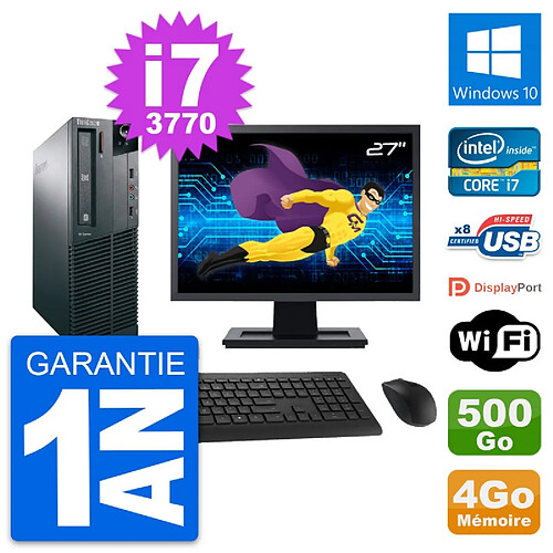 PC Lenovo M82 SFF Ecran 27" Intel i7-3770 RAM 4Go Disque 500Go Windows 10 Wifi · Occasion