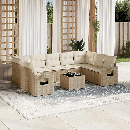 vidaXL Salon de jardin avec coussins 10 pcs beige résine tressée