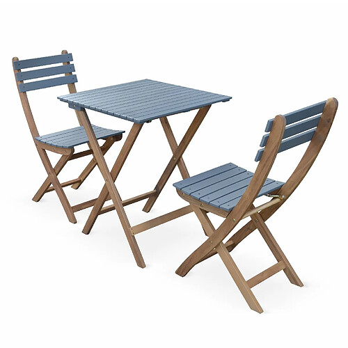 Table de jardin bistrot 60x60cm - Barcelona Bois / Bleu - pliante bicolore carrée en acacia avec 2 chaises pliables | sweeek