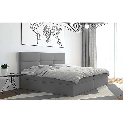 TRADA Lit adulte rembourré TOP avec rangement et matelas bonnell intégré dans le cadre du lit en 200×200 gris clair