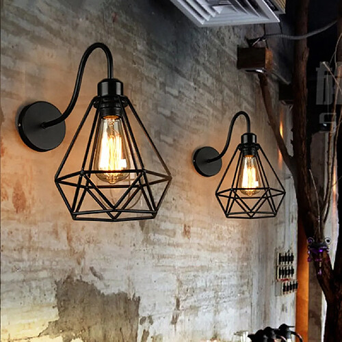 Stoex Lot de 2 Applique Murale forme Diamant en Métal Fer Noir, Lustre abat-jour Cage Forgé Lampe Rétro Industrielle E27 pour Cuisine, Couloir, Restaurant, Bar