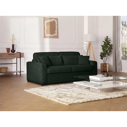 Vente-Unique Canapé 4 places convertible express en velours côtelé vert - Couchage à lattes larges 160 cm - Matelas 18 cm - MONDOVI