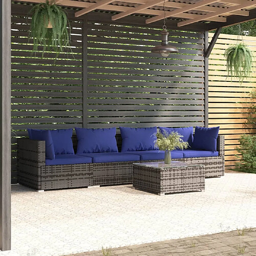 vidaXL Salon de jardin 5 pcs avec coussins résine tressée gris