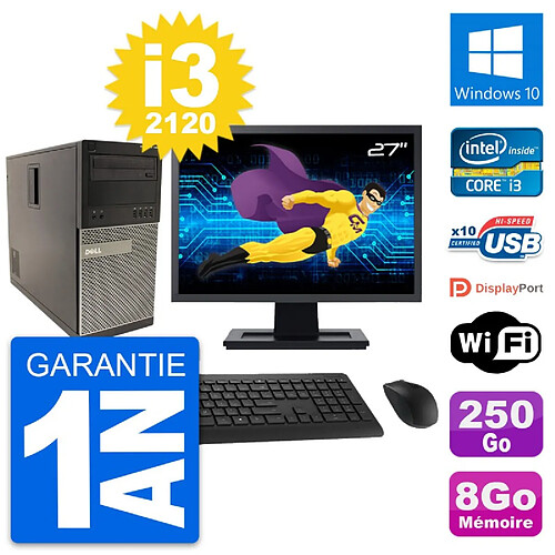 PC Tour Dell 790 MT Ecran 27" Intel i3-2120 RAM 8Go Disque 250Go Windows 10 Wifi · Occasion