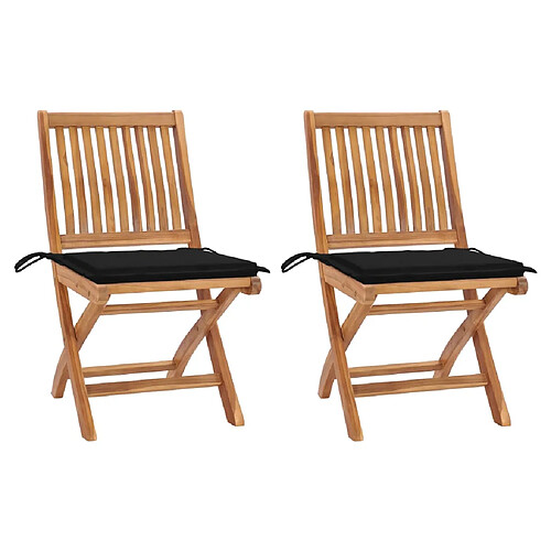 vidaXL Chaises de jardin lot de 2 et coussins noir Bois de teck massif