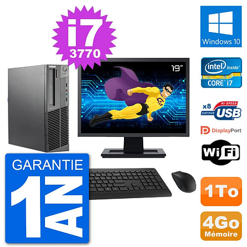 PC Lenovo M92p SFF Ecran 19" Intel i7-3770 RAM 4Go Disque 1To Windows 10 Wifi · Occasion