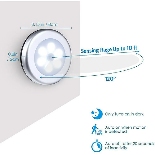 Universal Détecteur de mouvement à bande lumineuse nocturne, détecteur de mouvement à 6 LED, capteur d'éclairage LED automatique, lumière blanche, applique murale alimentée par batterie, applique murale pour couloir, chambre à coucher (6 pièces), (argent)