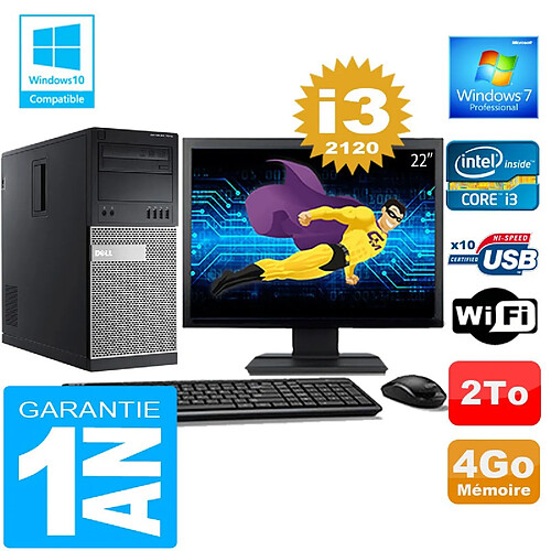 PC Tour DELL 7010 Core I3-2120 Ram 4Go Disque 2 To Wifi W7 Ecran 22" · Occasion