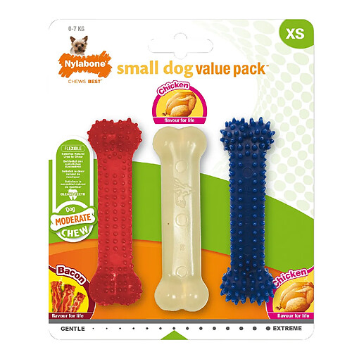 nylabone Set de 3 Jouet Dentaire à Mâcher pour Tout Petits Chiens en Forme d'Os Poulet/Bacon Jusqu'à 7 kg