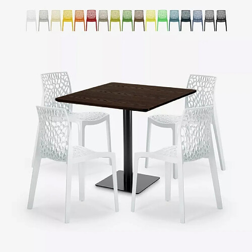 Grand Soleil Ensemble Table Bois Métal Horeca 90x90cm 4 Chaises Design Empilables Dustin Restaurant Bar - Blanc