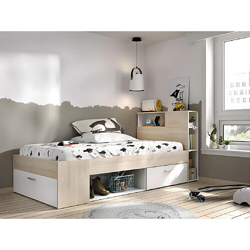 Vente-Unique Lit avec tête de lit rangements et tiroir - 90 x 190 cm - Blanc et Naturel + matelas + sommier - LEANDRE