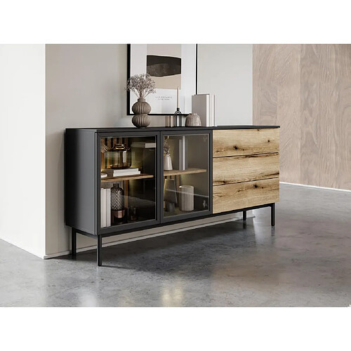 Vente-Unique Buffet 2 portes et 3 tiroirs avec LEDs - Naturel et noir - LABENIA