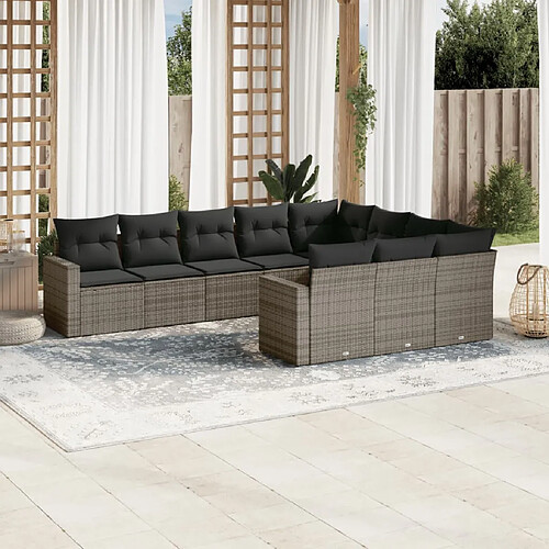 vidaXL Salon de jardin avec coussins 10 pcs gris résine tressée