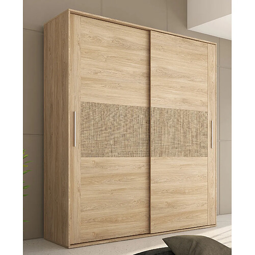 Pegane Armoire, placard garde-robe 2 portes coloris chêne cambrian, effet textile -Longueur 180 x Profondeur 55 x Hauteur 208 cm