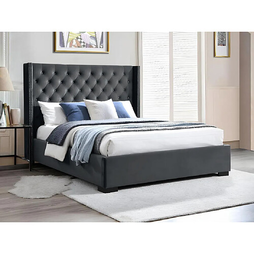 Vente-Unique Lit avec tête de lit capitonnée - 160 x 200 cm - Velours - Gris + Matelas - MASSIMO II