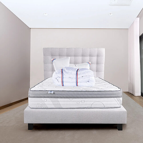 LUXURY LITERIE Ensemble matelas ViscoPlus 140x200 cm + sommier gris ep20cm + 2 oreillers + couette + Tête de Lit