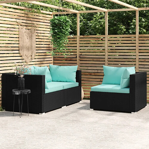 vidaXL Salon de jardin 3 pcs avec coussins Noir Résine tressée