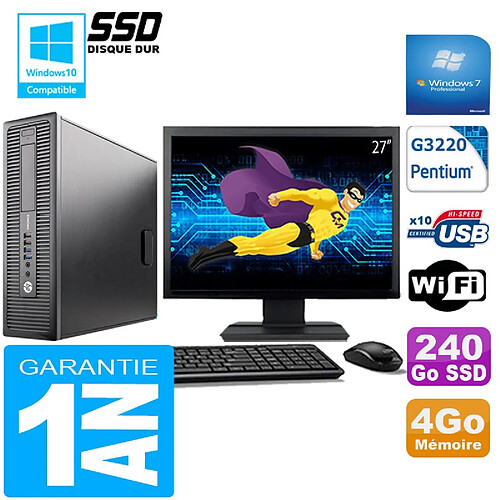 PC HP EliteDesk 800 G1 SFF Intel G3220 4 Go Disque 240 Go SSD Wifi W7 Ecran 27" · Occasion