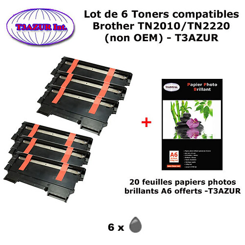 T3AZUR - 6 Toners génériques TN-2220 pour Brother Brother HL 2240 2240D 2250DN 2270DW MFC 7360N 7460DN 7860DW+20f A6 brillantes