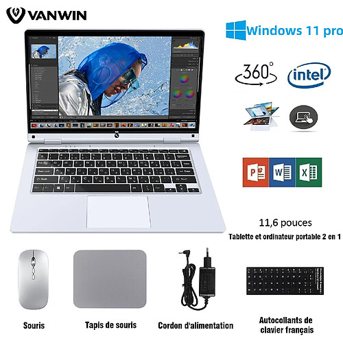 VANWIN PC Portable Windows 11pro 8Go RAM et 256Go SSD, Écran tactile, Rotation à 360° laptop, Intel Celeron N4020 1920x1080FHD+ Bluetooth 5.0, ordinateur WiFi6-AZERTY