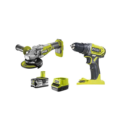 Pack Ryobi - Perceuse Visseuse 18V One Plus - R18DD2-0 - Meuleuse d'angle 18V LithiumPlus OnePlus Brushless - R18AG7-140S - 1 batterie 4,0 Ah - 1 chargeur rapide