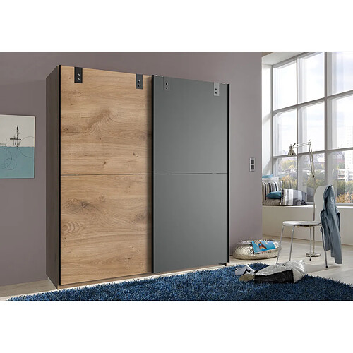 Pegane Armoire à portes coulissantes en Imitation chêne poutre, rechampis graphite - L180 x H198 x P64 cm