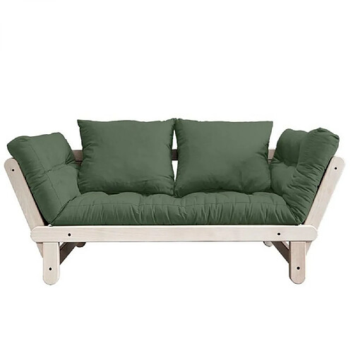 Inside 75 Banquette méridienne futon BEAT pin naturel tissu coloris vert olive couchage 75*200 cm.