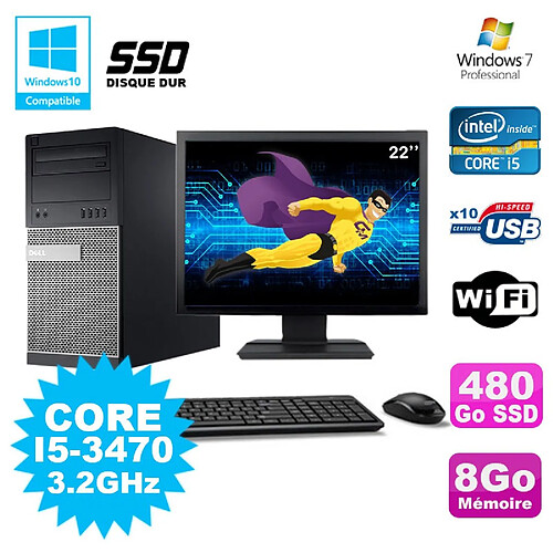 Lot PC Tour Dell 7010 I5-3470 3.2Ghz 8Go 480Go SSD DVD WIFI Win 7 + Ecran 22 · Occasion