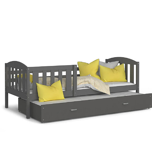 Kids Literie Lit Gigogne Teo 90x190 Gris - gris Livré avec sommiers, tiroir et matelas en mousse de 7cm