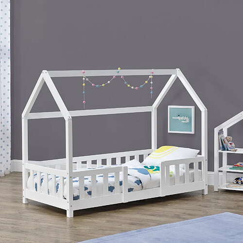 Lit d'Enfant Design Forme Maison Sisimiut Pin 140 x 70 cm Blanc Mat Laqué [en.casa]