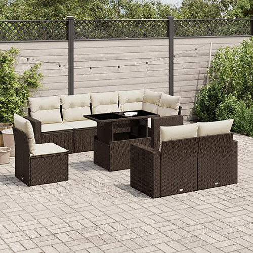 vidaXL Salon de jardin avec coussins 9 pcs marron résine tressée