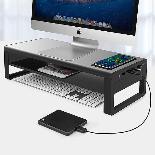 Support de moniteur en aluminium à 2 niveaux avec chargement sans fil et 4 ports USB 3.0 Hubs prenant en charge le transfert de données, support de stockage de bureau pour ordinateur portable (noir)