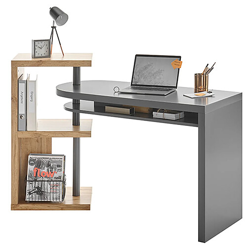 Pegane Bureau d'ordinateur pivotant coloris gris et chêne - Longueur 145 x Hauteur 94 x Profondeur 50 cm