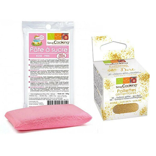 Scrapcooking Pâte à sucre rose 100 g + paillettes dorées