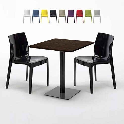 Grand Soleil Table Carrée 70x70 Effet Bois avec 2 Chaises Colorées Ice Melon - Noir