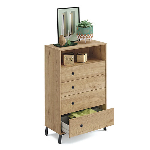 Pegane Commode de rangement 4 tiroirs coloris chêne doré - Hauteur 120 x Longueur 74.5 x Profondeur 40 cm