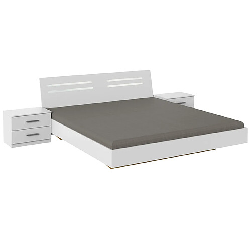 Pegane Lit adulte double 160 x 200 + 2 chevets coloris blanc - Longueur 169 x Profondeur 210 x Hauteur 81 cm