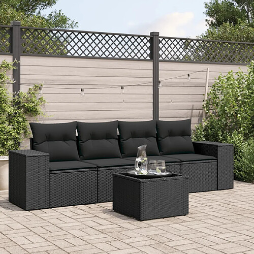 vidaXL Salon de jardin 5 pcs avec coussins noir résine tressée