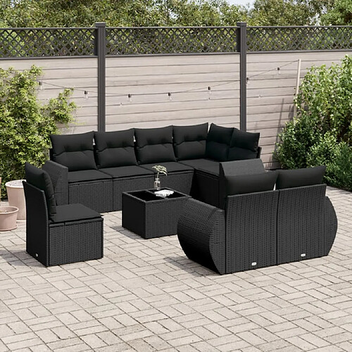 vidaXL Salon de jardin 9 pcs avec coussins noir résine tressée