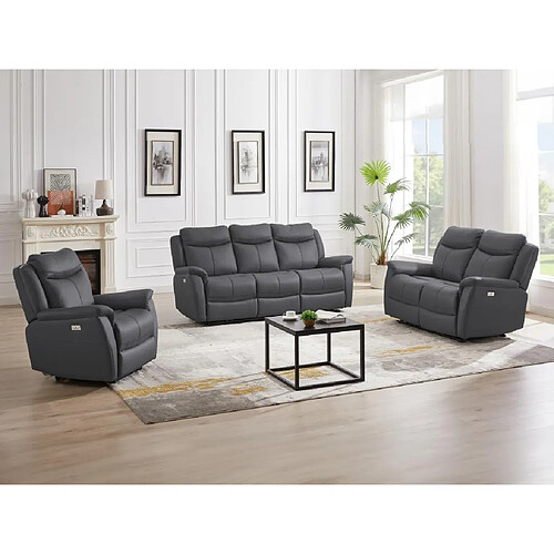 Vente-Unique Canapé 3 places et 2 places relax électrique en cuir de vachette gris anthracite NOMAJO