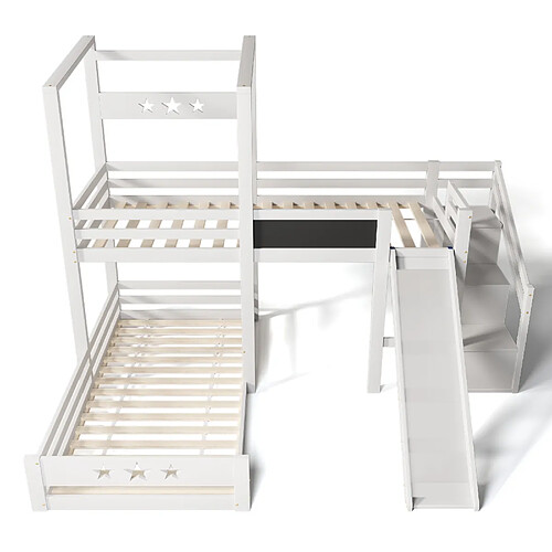 KOMHTOM Lit enfant blanc lit superposé avec tableau noir et toboggan, escalier avec rangement, lit simple 90x200 cm avec protection antichute