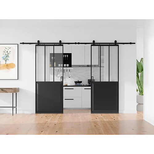 Vente-Unique Porte coulissante double atelier avec système en applique - Noir et verre trempé - 2 x H205 x L83 cm - ARTISTO II