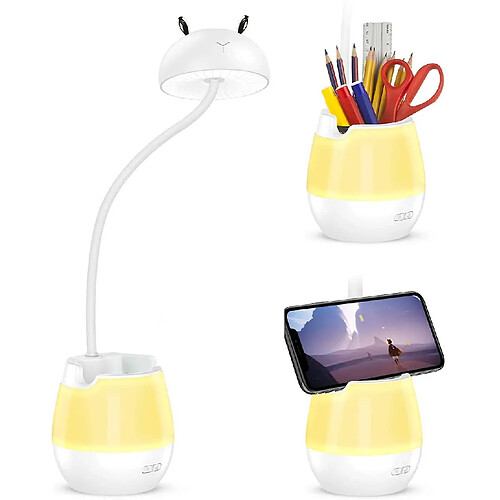 Universal Lampe de bureau pour enfants, Lampe de lit LED Lampe USB rechargeable de lecture et lampe de bureau dimmable, lumineuse flexible à 360 ° avec porte-stylo et porte-téléphone portable pour travailler, étudier, dormir, (blanc)