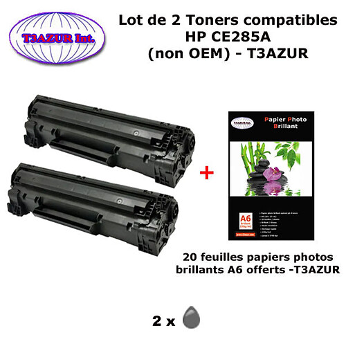 CE285A - Lot de 2 toners compatibles HP LaserJet Pro P1102 , Pro P1102w ,P1102 , P1102w +10 papiers photos A6 brillantes -T3AZUR