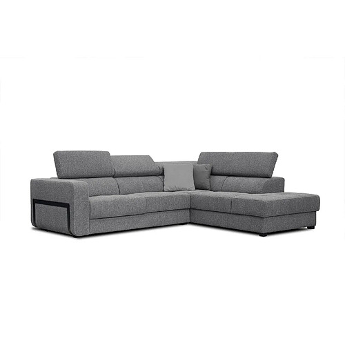 Courtois Laville Canapé d'angle droit Bergo 5 places en tissu gris avec coussins déco