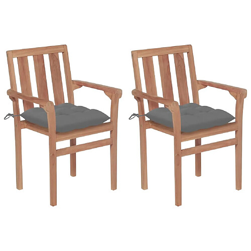 vidaXL Chaises de jardin lot de 2 et coussins gris Bois de teck massif