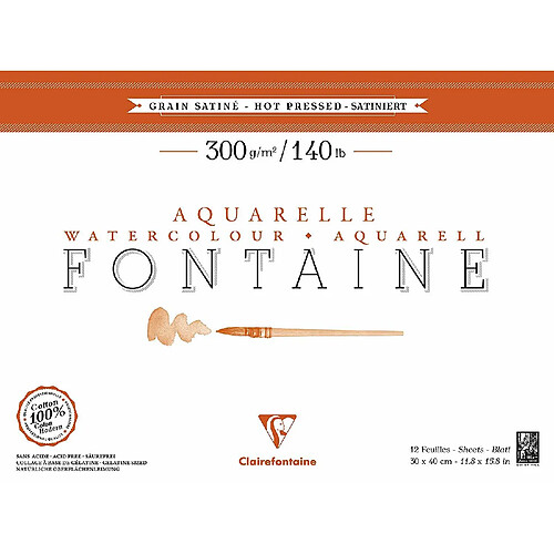 Clairefontaine 96351C Bloc Fontaine Satiné 12 feuilles encollé un côté 30 x 40 cm 300 g