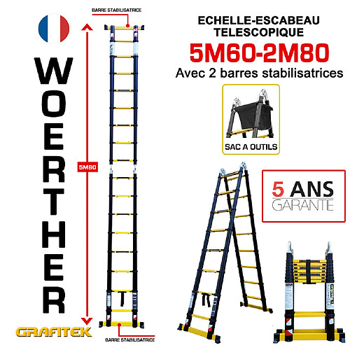 Escabeau-échelle télescopique Woerther 5m60/2m80 - Avec sac porte outils - Gamme Grafite- Double barre stabilisatrices - Qualité supérieur - Garantie 5 ans