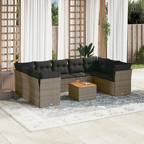 vidaXL Salon de jardin avec coussins 10 pcs gris résine tressée